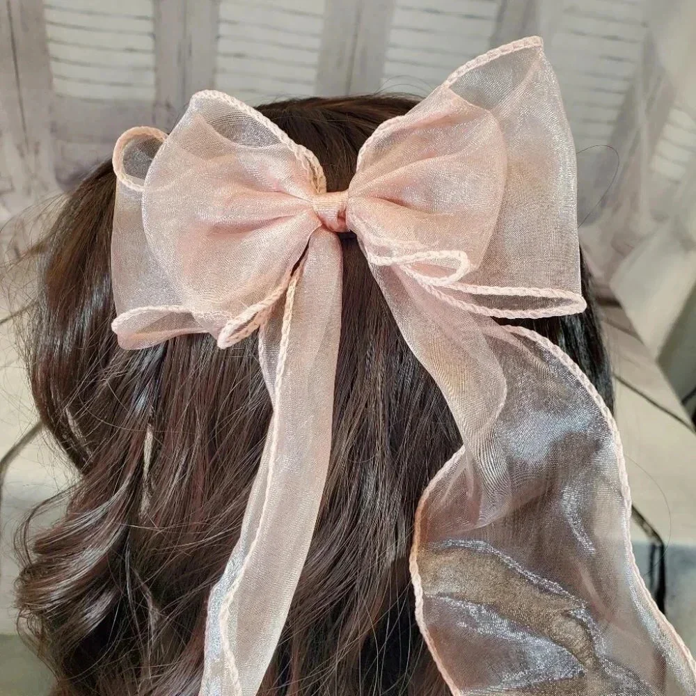Peachy Pink -  Clip In Hair Bows with Long Braidable trails Girls Hair